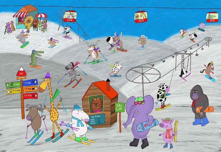 Picture of FUNNY ANIMALS ENJOYING THE SKI SLOPES BY ILLUSTRATOR CARLA DALY