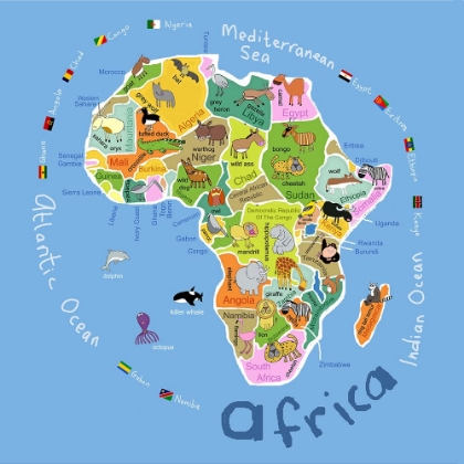 Picture of ILLUSTRATED MAP OF AFRICA WITH COUNTRIES AND CUTE ANIMALS BY CARLA DALY