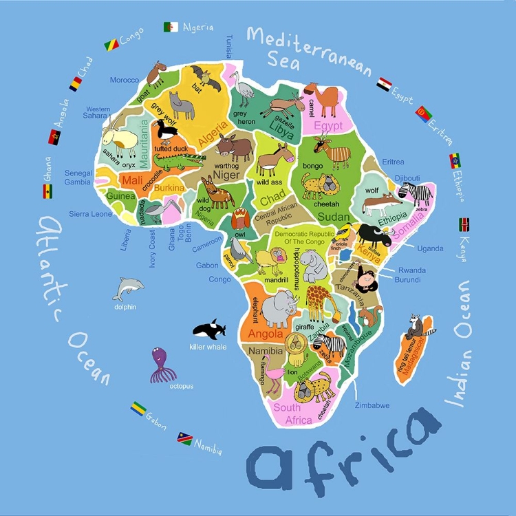 Picture of ILLUSTRATED MAP OF AFRICA WITH COUNTRIES AND CUTE ANIMALS BY CARLA DALY