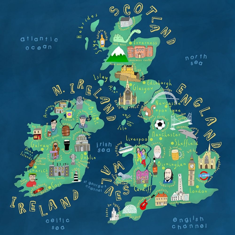 Picture of MAP OF UK AND IRELAND WITH COUNTRY ICONS BY ARTIST CARLA DALY