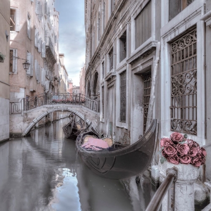 Picture of BUNCH OF ROSES ON BRIDGE OVER NARROW CANAL - VENICE - ITALY