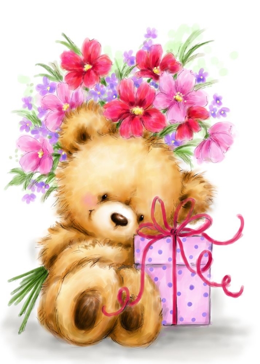 Picture of BEAR WITH PRESENT AND FLOWERS