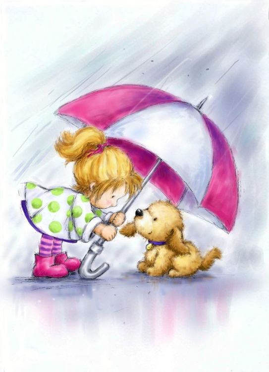 Picture of LITTLE GIRL AND DOG UNDER UMBRELLA