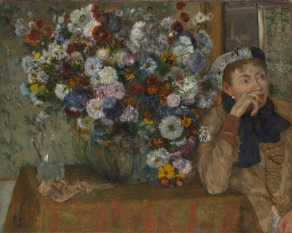 Picture of A WOMAN SEATED BESIDE A VASE OF FLOWERS - EDGAR DEGAS