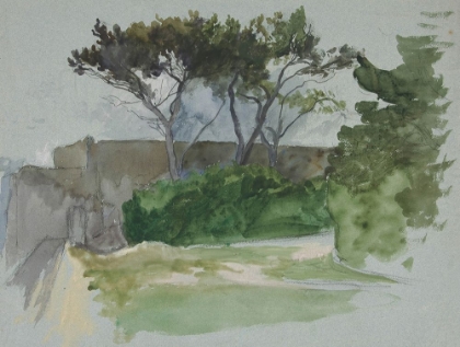 Picture of STUDY OF LANDSCAPE WITH TREES AND STONE WALL