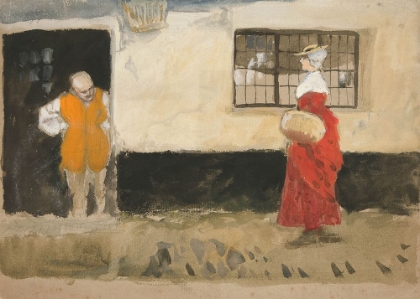 Picture of STUDY OF STREET SCENE, MAN AT DOOR, WOMAN IN RED DRESS