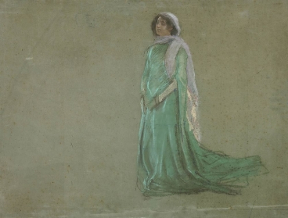 Picture of STUDY, WOMAN IN LONG GREEN DRESS, PINK SCARF