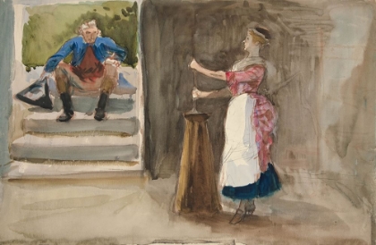 Picture of WOMAN CHURNING BUTTER, MAN IN REVOLUTIONARY DRESS WATCHING